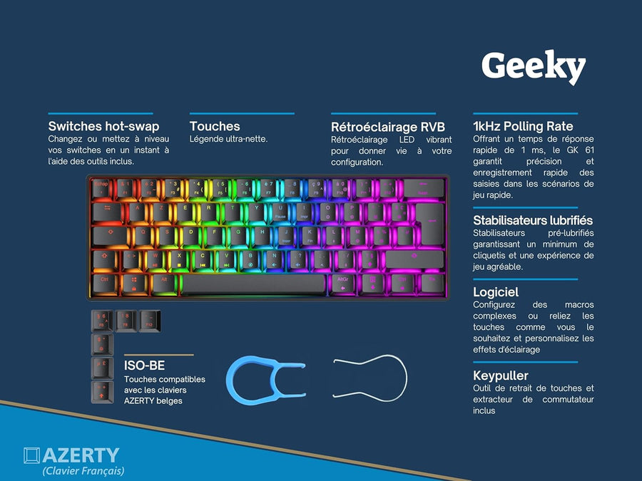 Clavier de Jeu Mécanique AZERTY 62 Touches Multicolores Rétroéclairées RGB LED pour Gaming