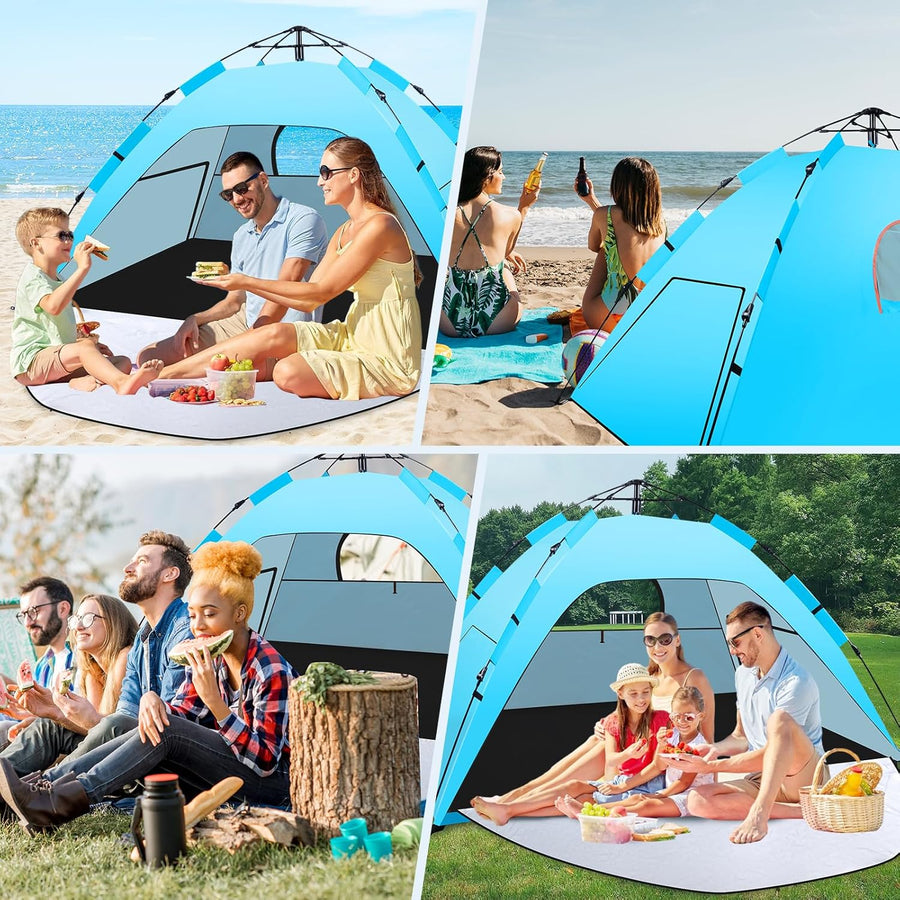 Tente de plage instantanée automatique Quick Up avec véranda extensible 3, protection UV 50+ contre le vent pour la plage, la famille, le jardin, le camping - Bleu
