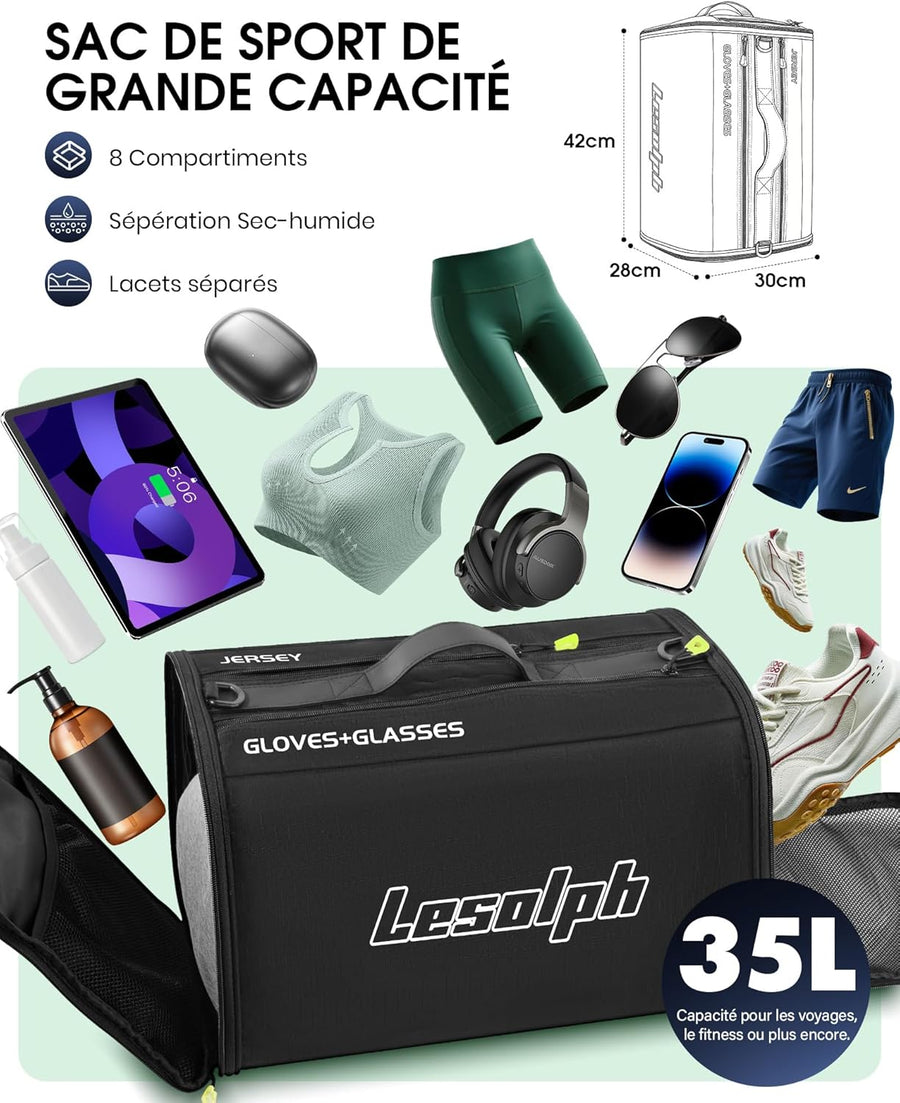 Sac de Sport Homme Femme, 35L Sacs de Voyage avec Compartiments Chaussures et Humide, Grand Capacité Sacs de Voyage avec Bandoulière réglable et Amovible, Sac de Sport pour Gym, Camping
