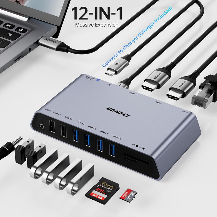 Station Accueil USB 3.0 12en1 DisplayLink Double Ecran HDMI 6 Ports USB Lecteur Carte SD/TF Réseau Ethernet Gigabit Prise Casque 3,5mm Compatible Windows et Mac