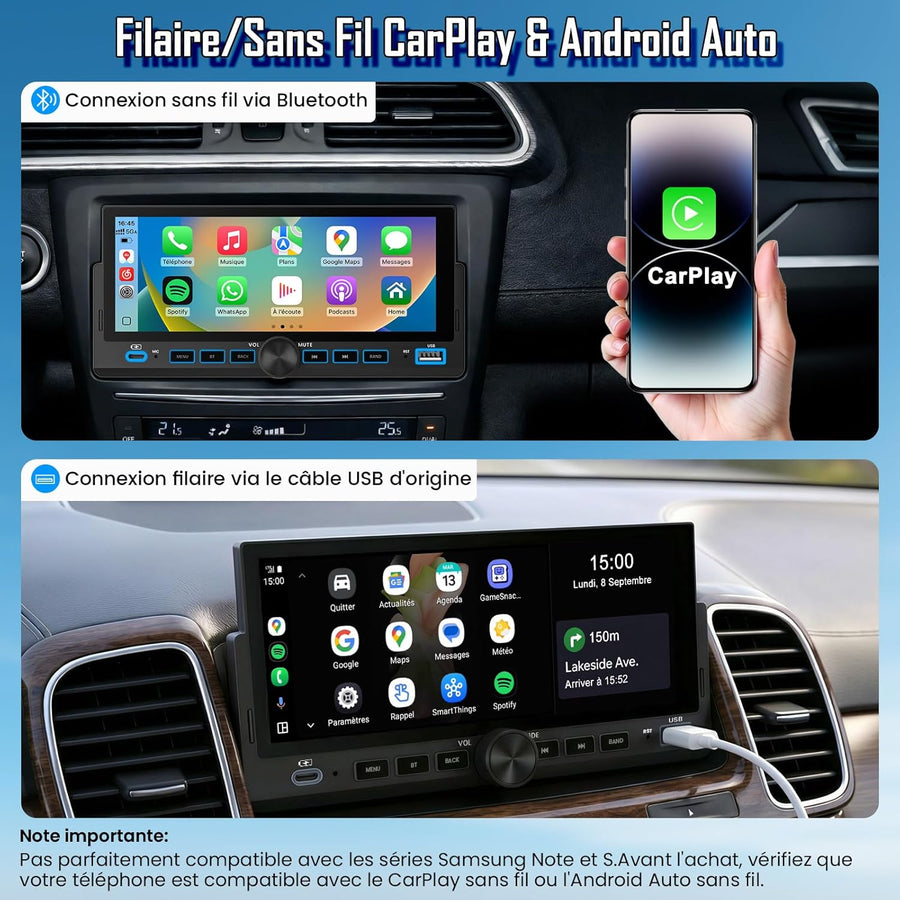 Autoradio 1 DIN, CarPlay Voiture & Android Auto sans Fil, Poste Radio Bluetooth Main Libre, Écran Tactile, Navigation GPS, Contrôle Vocal, AUX/FM, MirrorLink, USB Type-C (6,86")