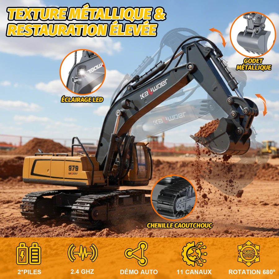 Jouet Pelleteuse télécommandée à partir de 3, 4, 6, 8 ans, 1:18, 11 canaux, avec télécommande, pelle et lumière LED, pelleteuse à chenilles