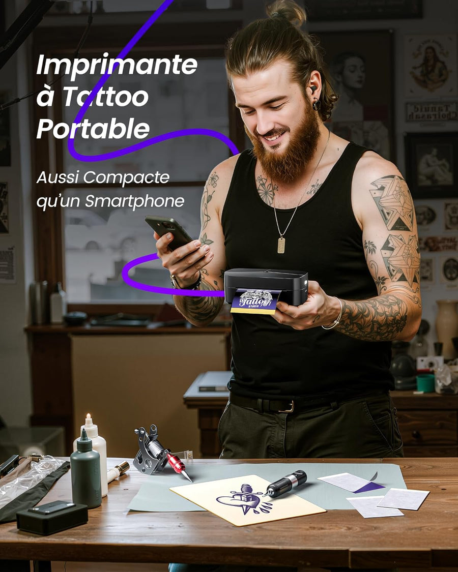 Mini Thermocopieur Tatouage pour Les Bras, Livré Avec 30 Feuilles de Papier Transfert 80x133 mm Idéal pour Les Petits Projets Créatifs, Imprimante Tatouage Bluetooth Compatible iPhone et iPad