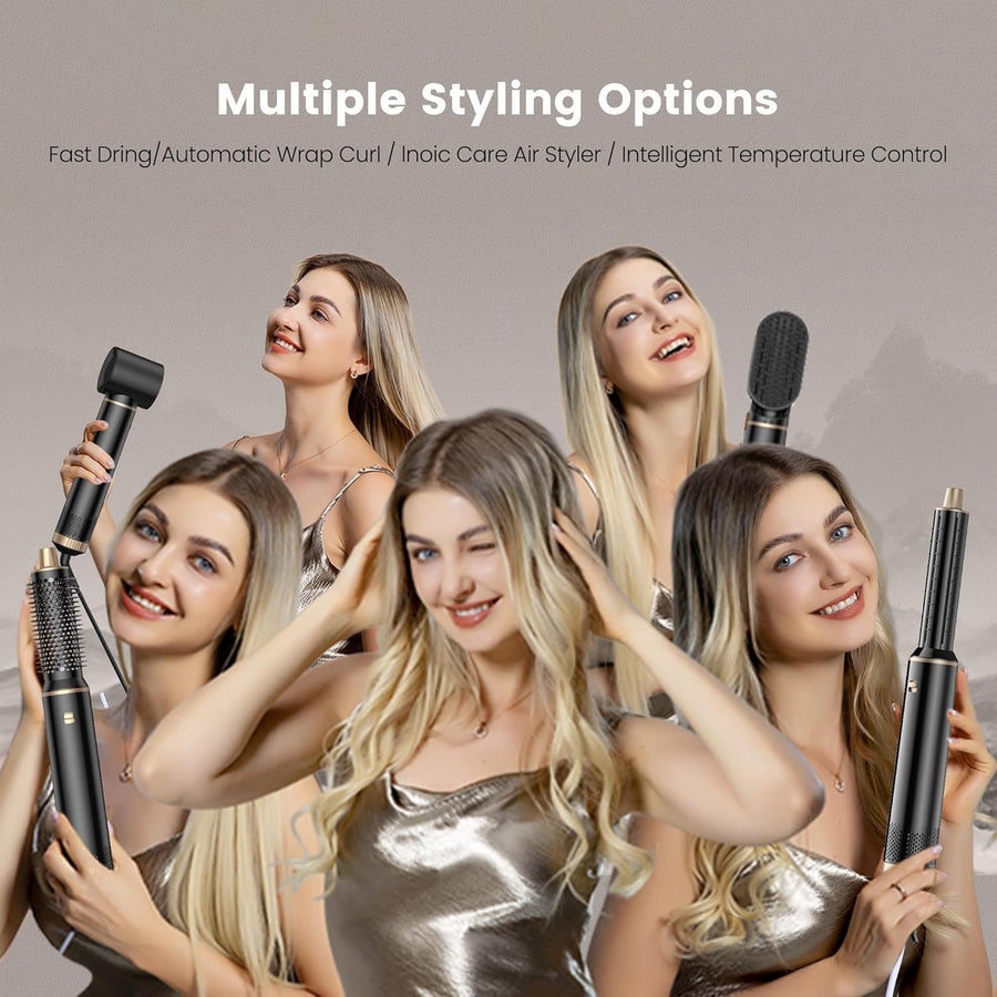 Seche Cheveux 5 en 1 Air Styler, Airbrush 5 en 1 avec Sèche Cheveux, Brosse Soufflante, Fer a Boucler, Air Brush, Brosse Lissante NOIR OR