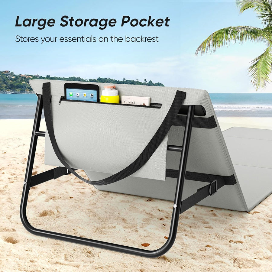 Matelas de plage pliable avec dossier réglable, transportable avec sangle de transport, coussin et sac de rangement, chaise longue résistante pour la plage, le jardin et la terrasse