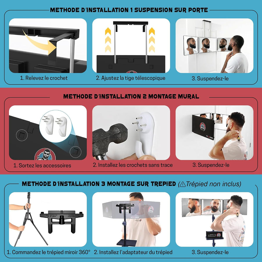 Kit : tondeuse miroir 360 LED 3 voies pour coiffeur Kit : miroir de barbier à trois voies + tondeuse professionnelle sans fil avec autonomie de 3 heures, 4 protections