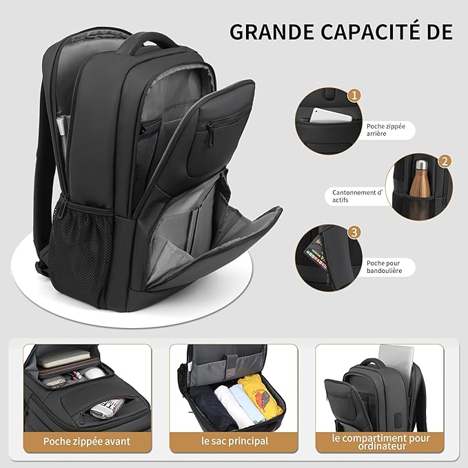 Sac à dos pour ordinateur portable de voyage pour hommes et femmes - 35 l - Noir - Avec port de charge USB - Étanque pour ordinateur portable de 15,6 po, tablette, ordinateur