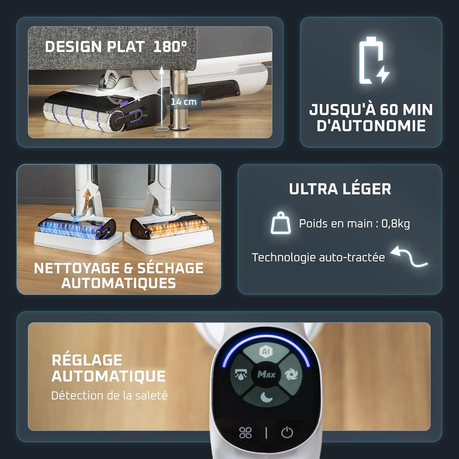 Rowenta X-Clean 10, Aspirateur Laveur sans Fil, Inclinable 180°, Auto-Nettoyage et séchage 65°C, 60min, pour tâches tenaces, Poils d’Animaux YY5785FE