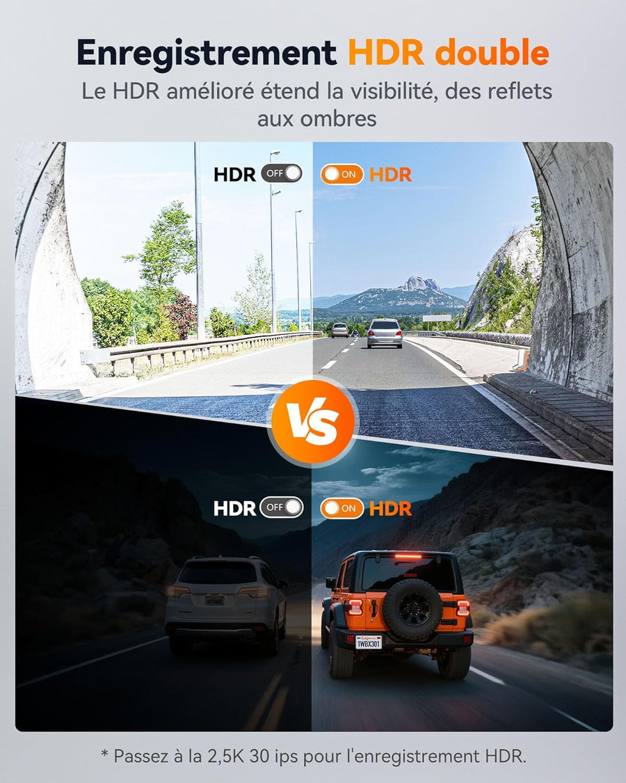 Dashcam Caméra embarquée 2,5 K 60 FPS 2,5 K + 1080P double caméra embarquée pour voiture avant arrière 5,8 GHz intégrée WiFi & GPS Carte 64 Go Écran tactile Capteur G Enregistrement