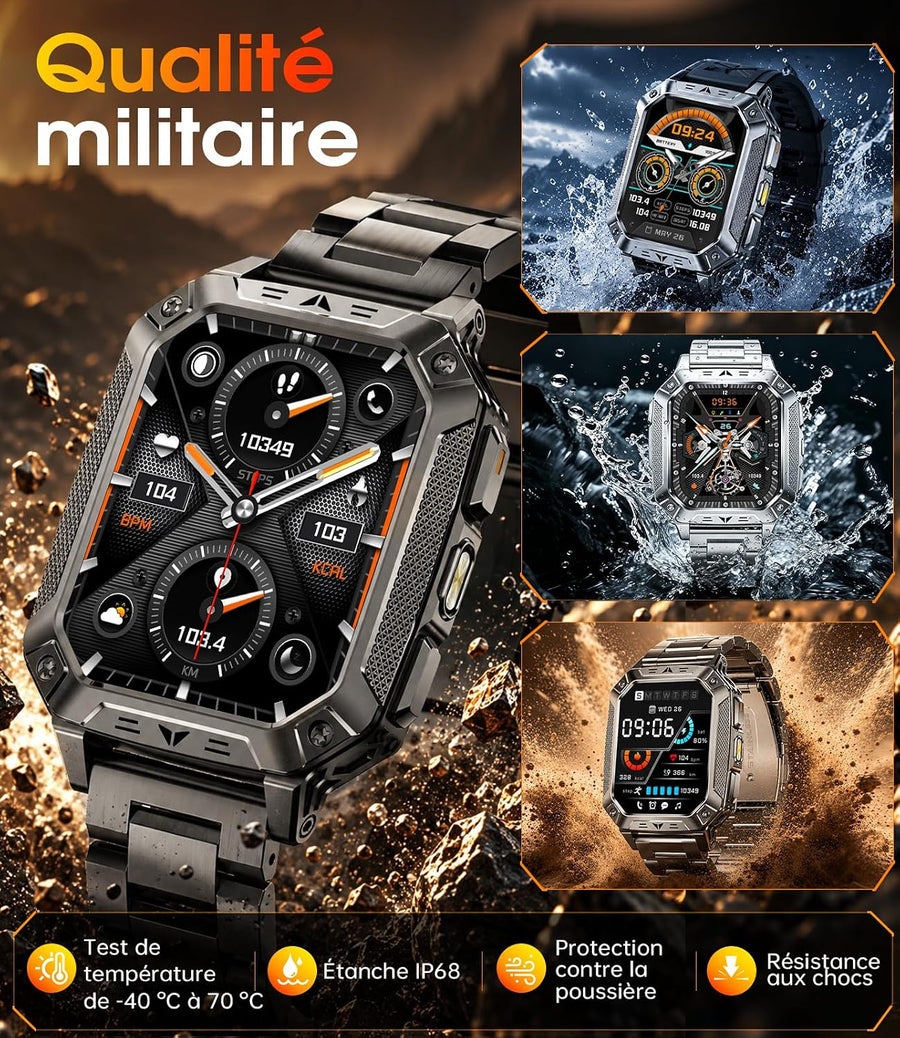 Montre Connectée Homme, 2.01'' Smartwatch avec LED Lampe, 100+ Modes Sportifs, Étanchéité IP68, Appels Bluetooth Smartwatch Militaire, Surveillance Cardiaque 24H,Sommeil, SpO2, Android/iOS