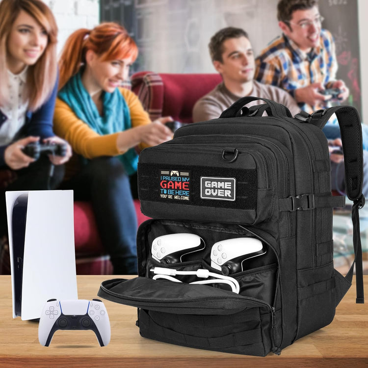 Sac à Dos de Jeu Tactique Compatible avec Console PS5/PS5 Slim/PS4, Sac de Rangement pour Ordinateur Portable 15,6", Moniteur Portable, Manette, Casque et Autres Accessoires de Jeu