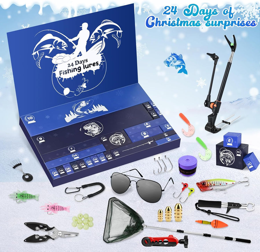 Calendrier de l'Avent 2025 Peche, Calendrier Compte à Rebours Noel avec 24 Outils et Equipements de Pêche, Cadeau Surprise Noël