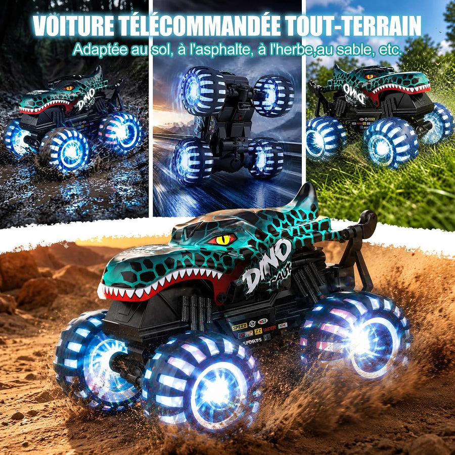 Voiture télécommandée, monstertruck télécommandée avec pneus lumineux et Monster Truck 2,4 GHz avec rotation à 360° et marche verticale, temps de jeu 100 min, jouet dinosaure 1/20 à partir de 3 ans