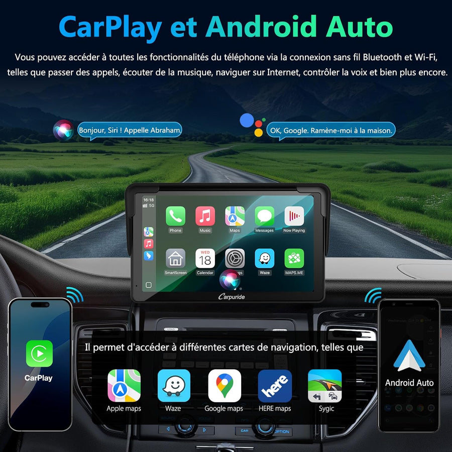 Écran Carplay Portable, Carpuride V3R sans il Airplay&Android Auto, écran Tactile HD 1080P 7 Pouces avec caméra de recul 720P réelle/BT 5.0/Mirror Link/Lecture USB/Puce de réduction du Bruit AUX