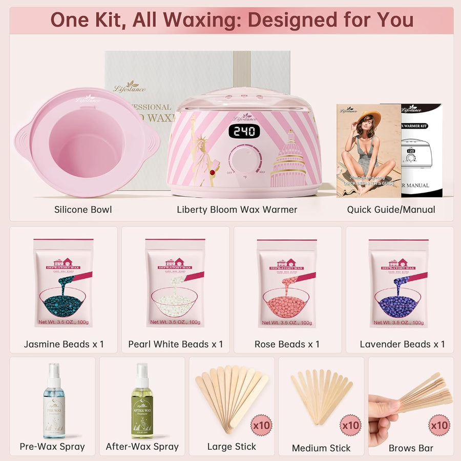 Chauffe Cire Epilation, Kit de cire d'épilation Liberty Bloom numérique Inclure 400g Perles et un bol en silicone, pour Corps de bikini brésilien visage