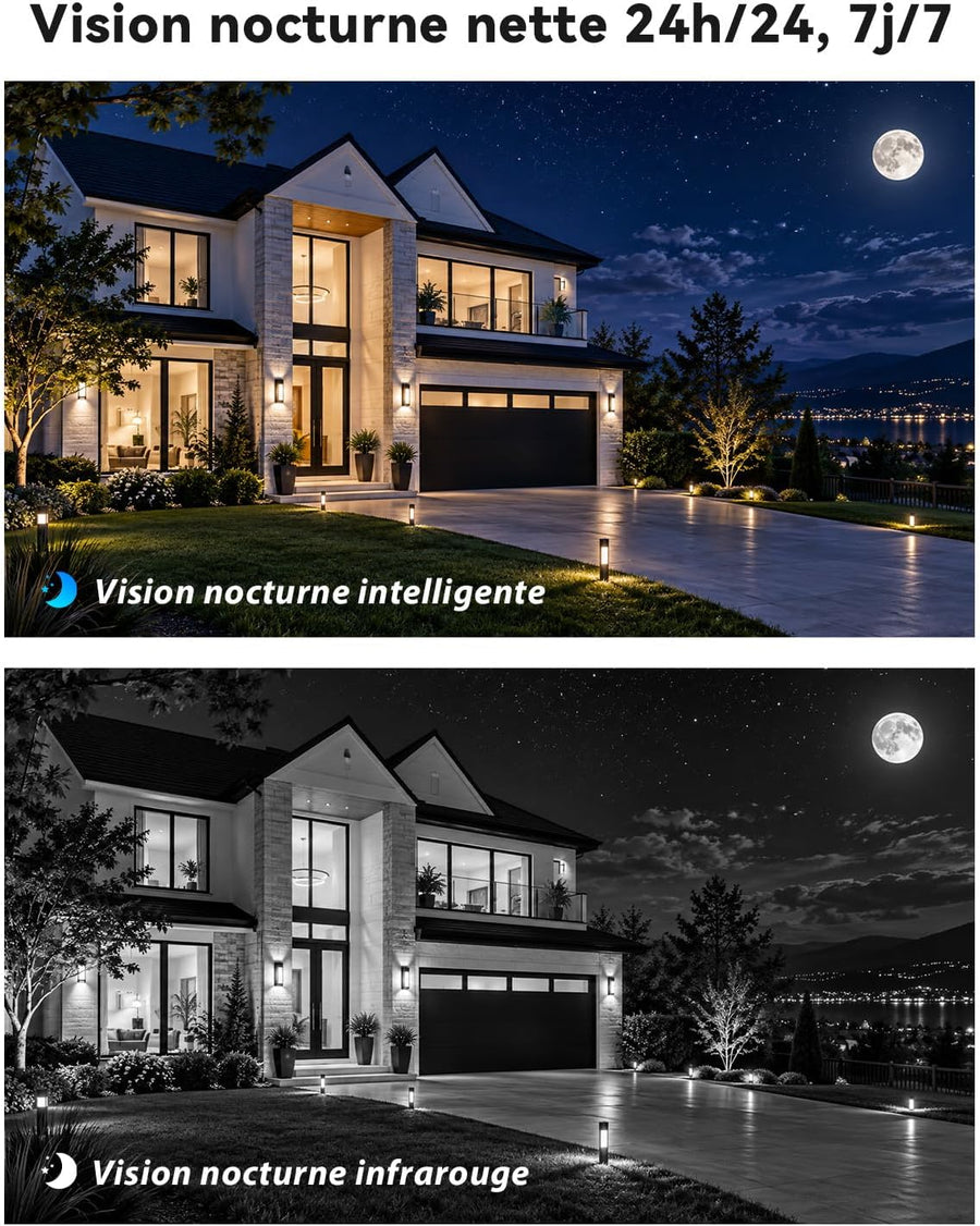 Camera Surveillance Solaire AOV Double Objectif,WiFi Extérieure 3MP+3MP Enregistrement 24/7, 8W & 15600mAh, 30m Détection Humaine Suivi Auto, Vision Nocturne, PTZ 355° IP66