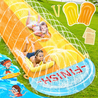 Toboggan 1.55m x 9.5m pour Pelouse Double Toboggan à Eau avec 2 Planches Gonflables Jeux d'eau en Extérieur