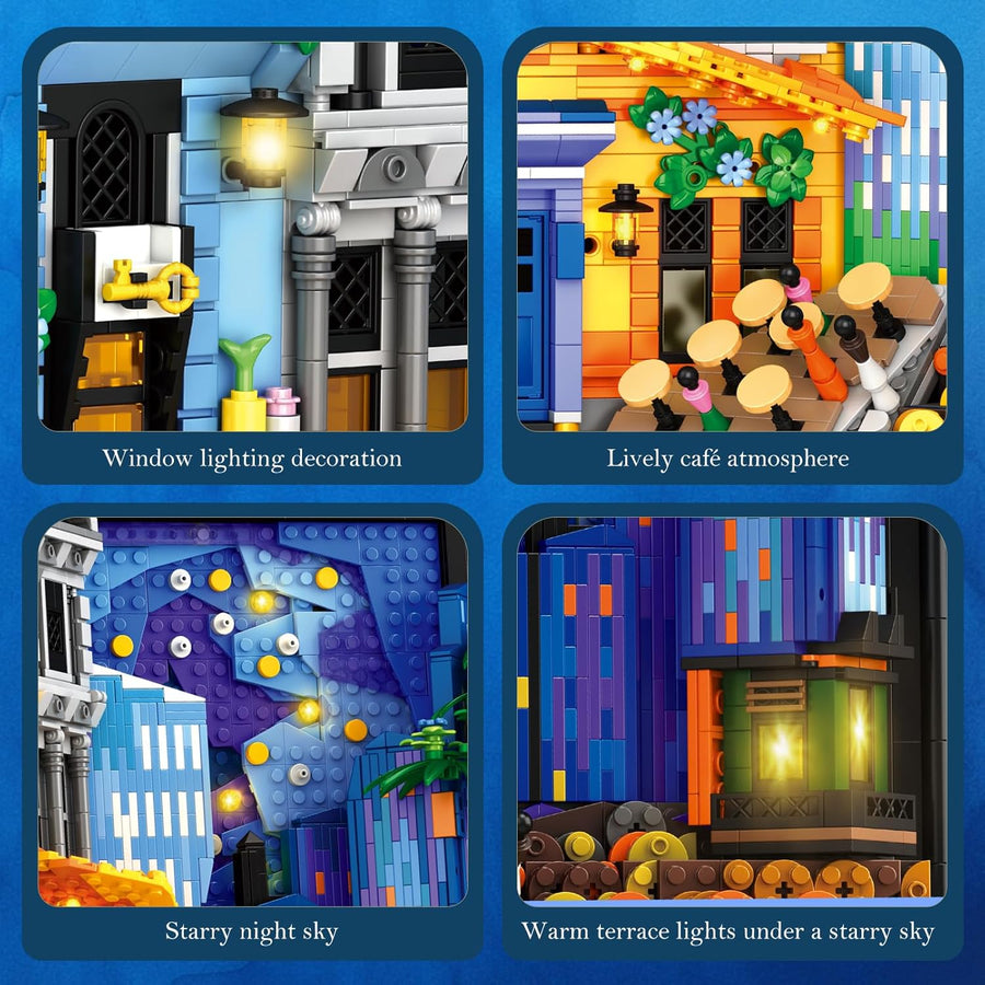 Reobrix 66702 Night Sky Cafe avec Jeu de Construction Lumineux pour Adultes, Cadre Photo 3D inspiré de Van Gogh, décoration Murale ou à Poser, Cadeau pour Les 14 Ans et Plus (2678 pièces)