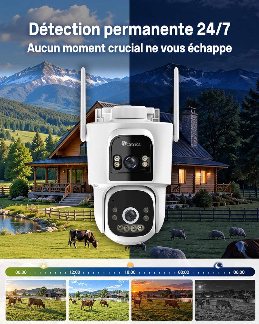 Ctronics 4G LTE AOV Camera Exterieur sans Fil Solaire, Camera sans WiFi Caméra de Surveillance Extérieur à Double Objectif 2K, Suivi Automatique, Enregistrement 24/7, Détection IA, Camera Carte Sim
