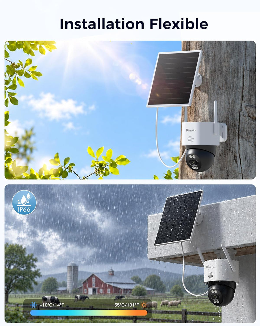 Ctronics AOV 3K Caméra de Surveillance 4G Solaire Exterieur Sans Fil,IP66 Enregistrement 24/7,Suivi Auto ,Détection Humaine 30m, 14400mAh,Panneau 6W, Farb/IR Nachtsicht,TF 128 Go / Cloud / FTP