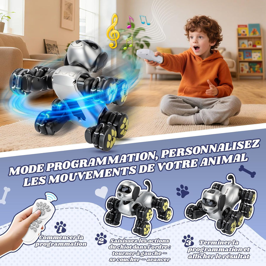 Jouet Chien Robot Enfants, 8WD Robot Jouet Télécommandé, RC Programmable Chien, Jouet Intelligent Pet Danse Musique
