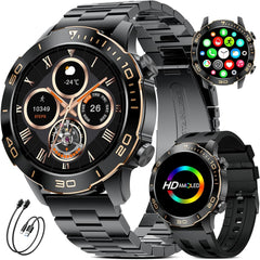 Montre Connectée Homme Militaire,1.43‘’ Grand Écran avec Appels/500mAh Longue Autonomie Batterie/Lampe de Poche/IP68 Étanche Fréquence Cardiaque/Pédomètre,2 Bracelet Smartwatch pour Android iOS