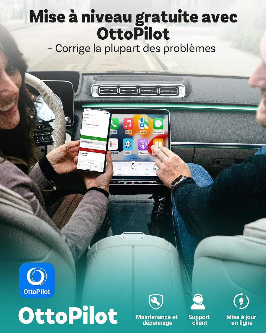 Mini Pico, Mini Cube Adaptateur CarPlay Sans Fil & Android Auto Plug & Play, WiFi 6, Bluetooth 5.4, Connexion Auto 5–8 s, Changement entre 2 Téléphones en un Clic