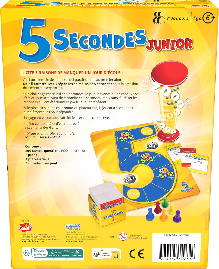 Goliath - 5 Secondes Junior - Jeu de Société Drôle pour Enfants dès 6 Ans – 1 Question, 3 réponses, 5 Secondes – Rires & Rapidité - Apprendre en S’Amusant - 2+ Joueurs - en Français