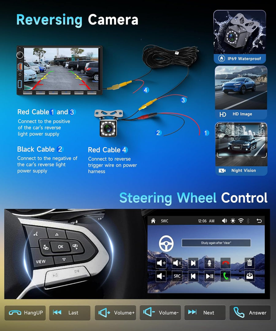 Autoradio 7" 2 Din avec carplay sans Fil Android Auto,Radio FM avec Blurtooth,navi GPS,2 USB/SD/AUX,vidéo en Ligne,Lien Miroir,Voiture à écran Tactile IPS avec caméra de recul/Touches Piano