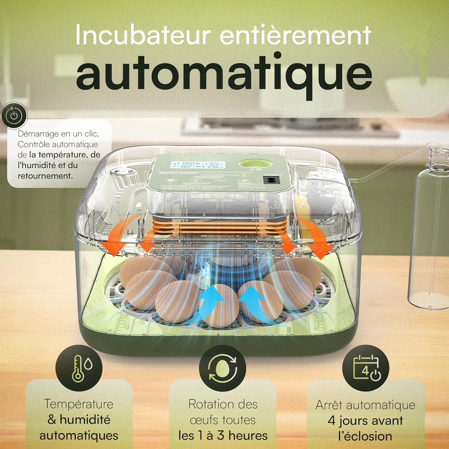 Couveuse œuf automatique PREMIUM pour poussin de poule, caille, oie, canard, volaille, oiseau Incubateur œuf fiable gère seul température, humidité, retournement des œufs, éclosion des poussins