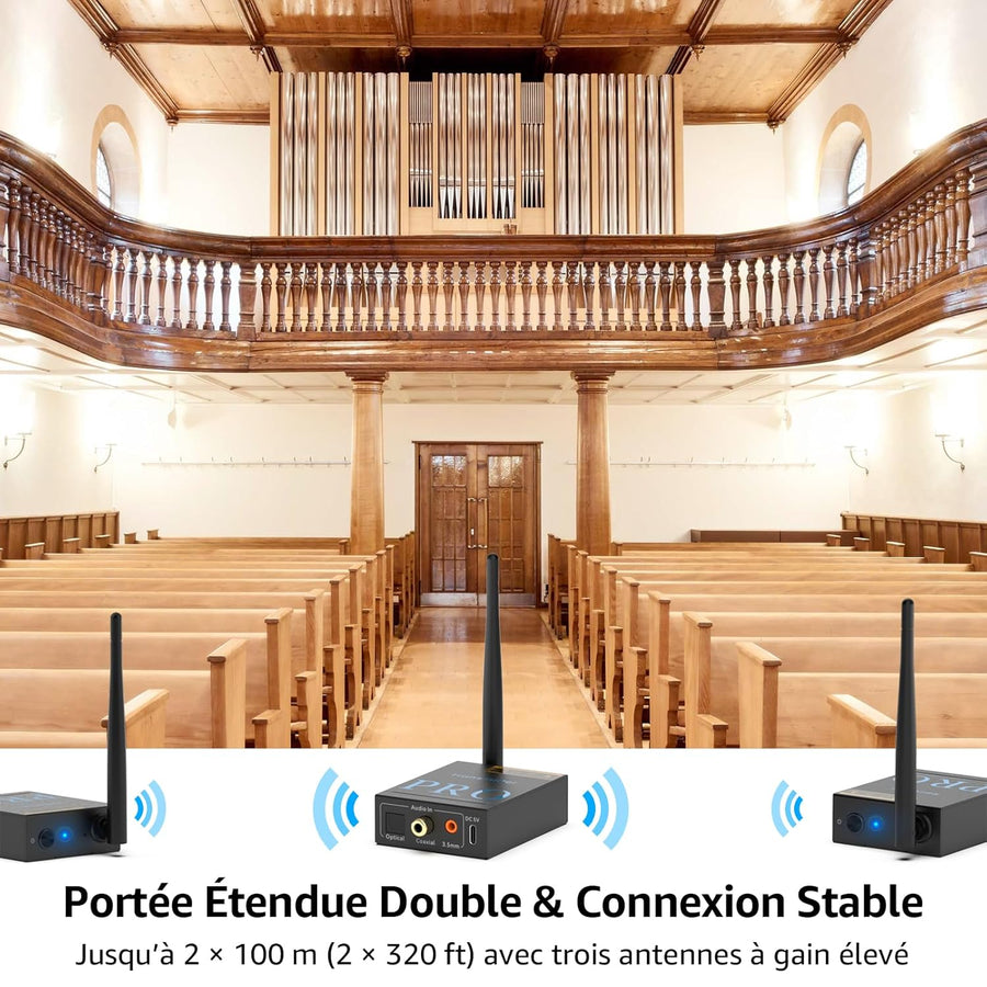 Émetteur Récepteur Audio Sans Fil 3-en-1, Transmission 2,4 GHz, Faible Latence, HiFi Musique depuis TV/PC vers Subwoofer/Haut-Parleur Actif/Amplificateur, Connexions Optique/Coaxiale/3,5 mm/RCA