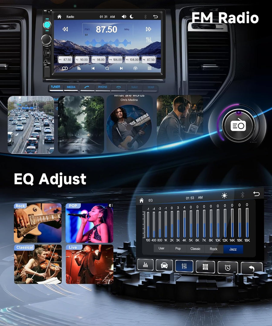 Autoradio 1 Din avec Carplay Android Auto sans Fil, 7 Pouces IPS HD Écran Tactile Poste Radio Voiture Soutien Bluetooth Radio FM EQ USB/TF/AUX Mirror Link SWC Caméra de Recul