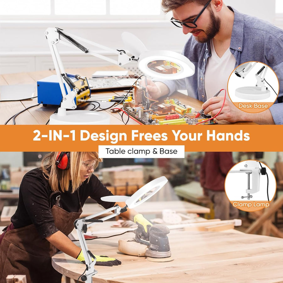 Lampe Loupe 15X, 2-in-1 Lampe de Bureau Loupe Eclairante avec Base et Pince, 5 Modes de Couleur, Gradation en continu, Lampe Loupe LED avec Rotation à 360° Bras Pivotant