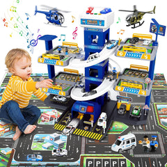Garage 5 Etages pour Enfants Garage, Ascenseur, Station-Service et Carte, Jouet Garage Voiture avec 8 Voitures et 3 Hélicoptères