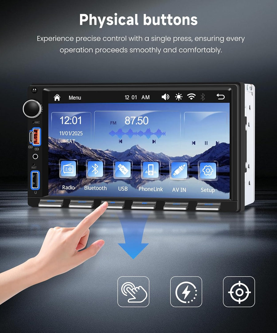 Autoradio 2 Din Touches de Piano avec Carplay Android Auto sans Fil, 7 Pouces IPS HD Écran Tactile Poste Radio Voiture Soutien Bluetooth Radio FM EQ USB/Type-C Mirror Link SWC Caméra de Recul