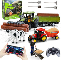 Tracteur Telecommandé Enfant, 6 Canaux Tracteur Télécommandé, Jouet Tracteur avec Grappin, Télécommande, Tracteur, Vache et Troncs d'arbre, Jouet Ferme