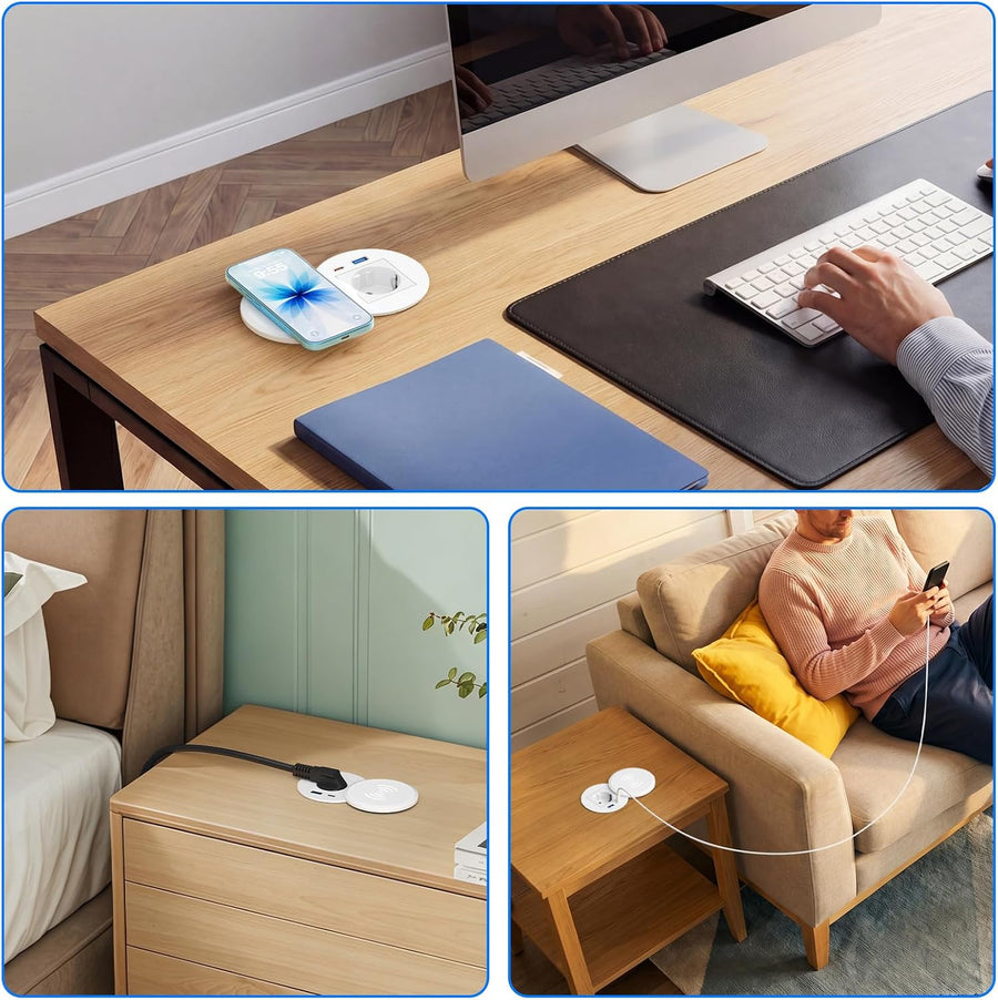 Prise encastrable Plan de Travail avec Charge Qi15 W, USB-C PD 30W, Ø80 mm Multiprise encastrable avec 1 prise, USB-A QC 18 W, couvercle rotatif anti-poussière, câble 2 m, bureau et cuisine, blanc