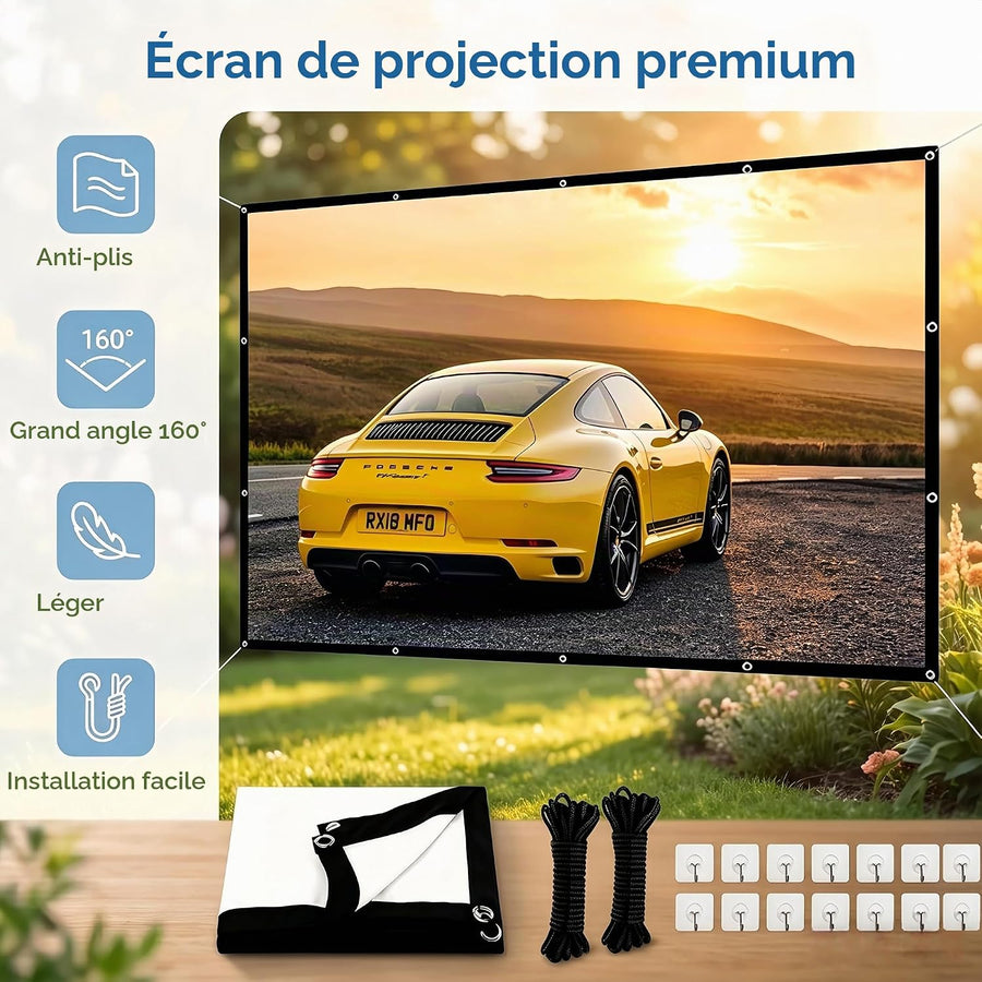 Écran de Projection 150 Pouces 16:9, Toile Vidéoprojecteur Pliable et Portable, Anti-Plis, Compatible 4K et Full HD, pour Cinéma Maison, Extérieur et Événements
