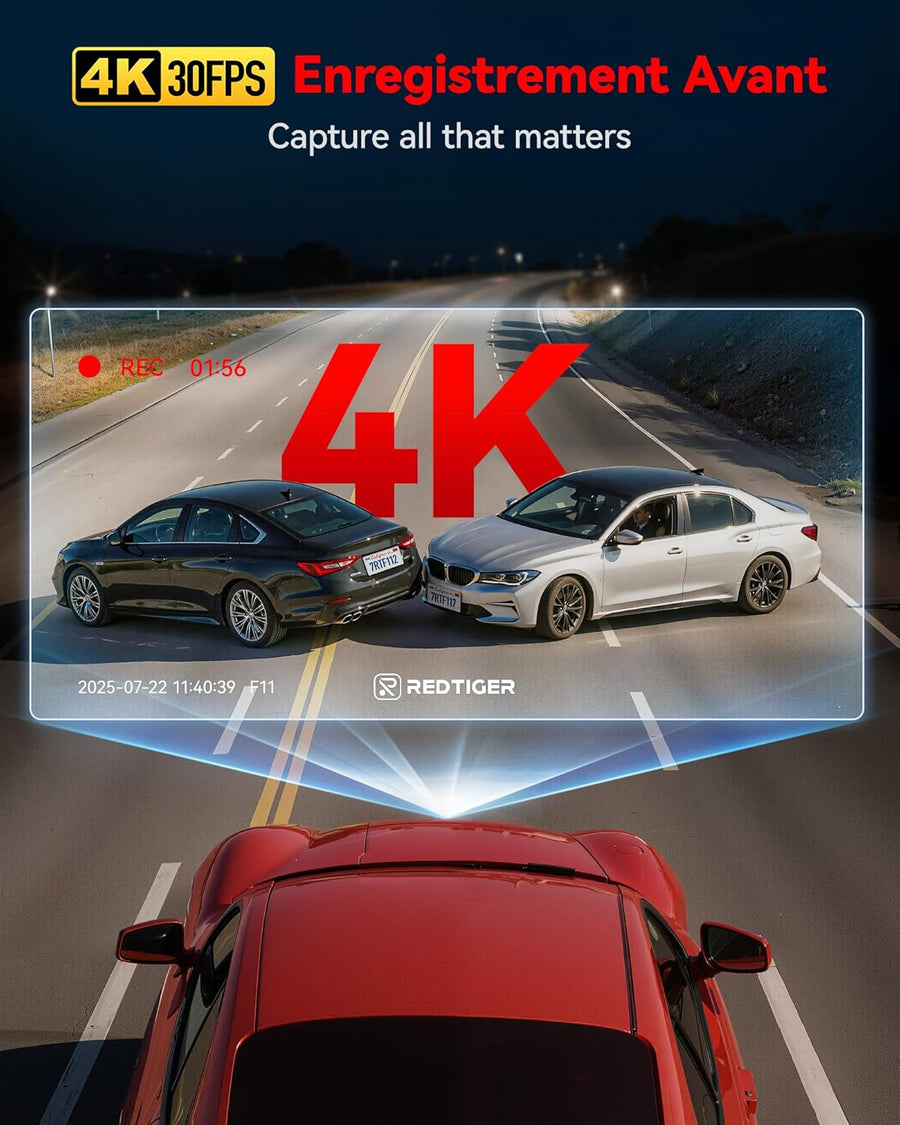 REDTIGER F11 Dashcam Voiture 4K, WiFi & Contrôle via App, Vision Nocturne, WDR, Mini Caméra Embarquée Discrète, Enregistrement en Boucle & Mode Stationnement 24H, Plug & Play, Sans Carte SD, Max 256Go