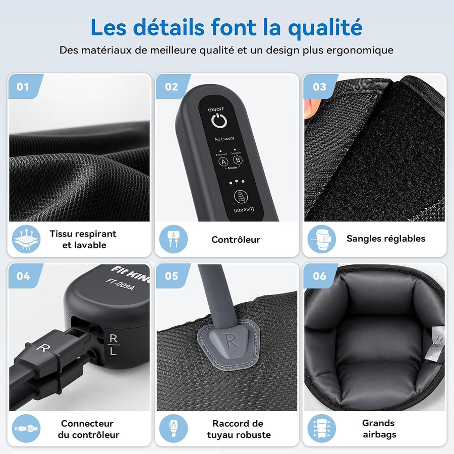 Bottes Pressothérapie, Circulation Sanguine Soulage la Douleur Pressothérapie pour mollets pieds jambes, réduisant les gonflements, 3 intensités et 2 sangles d'extension