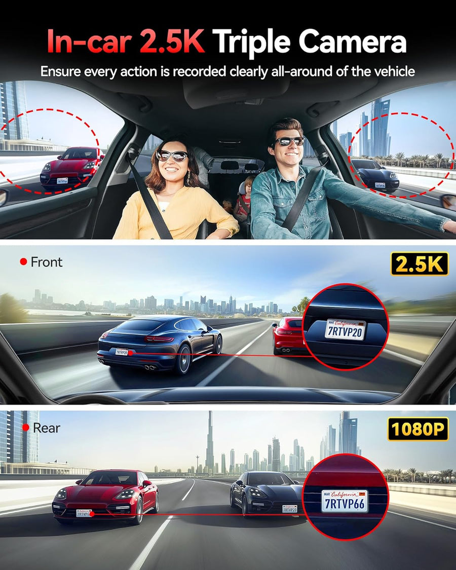 REDTIGER 530° Dashcam Voiture 3 Canaux,Caméra pour Voiture 2,5K+2,5K+1080P avec Carte 128 Go, Vision Nocturne IR, Écran Tactile, Dashcam pour Avant,Inclus WiFi GPS, Mode Parking 24H