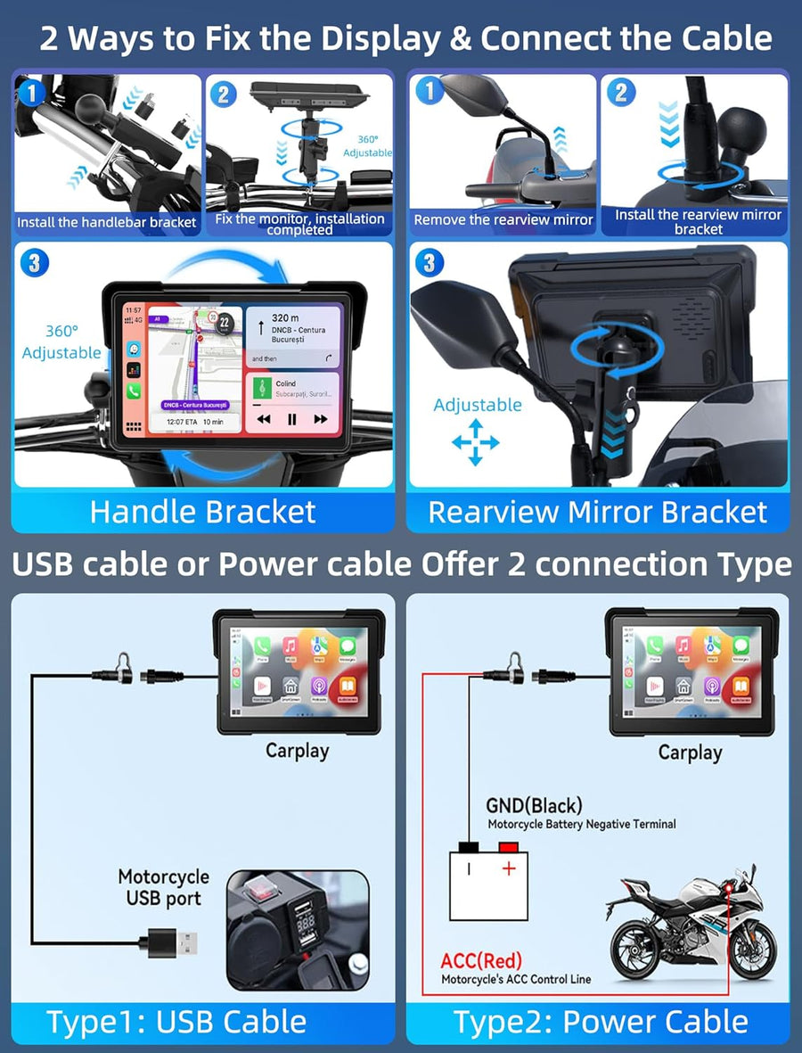 Carplay Moto 7 Pouces avec 2 Méthodes d'alimentation, GPS Moto Android Auto avec écran de Moto étanche 2,5D IPS, Double Assistant Bluetooth