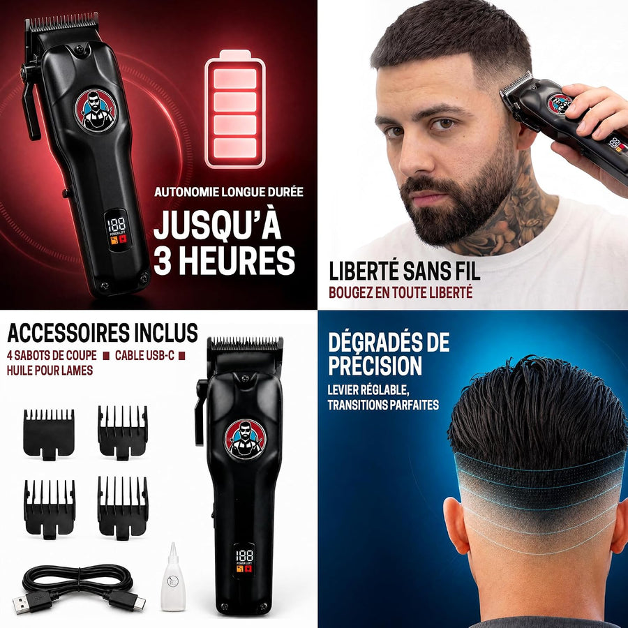 Kit : tondeuse miroir 360 LED 3 voies pour coiffeur Kit : miroir de barbier à trois voies + tondeuse professionnelle sans fil avec autonomie de 3 heures, 4 protections
