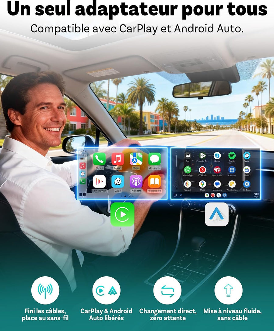 Mini Pico, Mini Cube Adaptateur CarPlay Sans Fil & Android Auto Plug & Play, WiFi 6, Bluetooth 5.4, Connexion Auto 5–8 s, Changement entre 2 Téléphones en un Clic