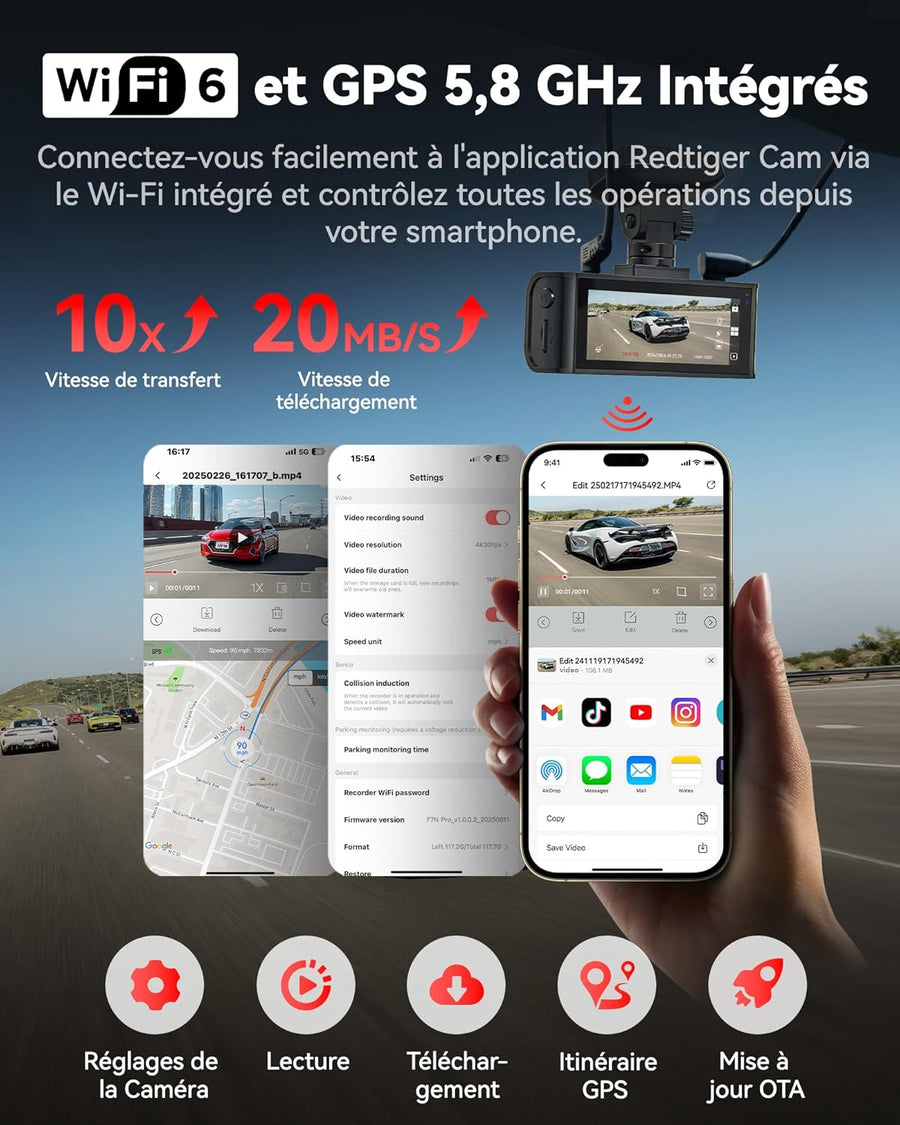 Dashcam Voiture Avant Arriere, STARVIS 2 Sensor with 64GB Card,4K/2.5K+1080P Dual Camera Voiture Built-in WiFi,GPS, 3.18" IPS, 170° Wide-Angle,24/7 Parking Surveillance, Loop Recording,WDR