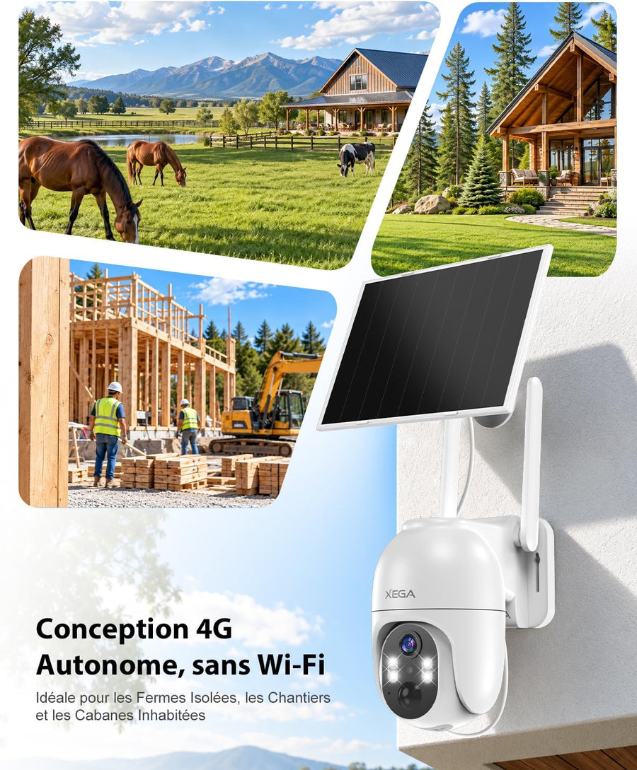 Caméra Surveillance 4G LTE Solaire avec Carte SIM,Enregistrement 24/7 Détection IA 25m, Audio Bidirectionnel, PTZ 355°, Panneau Solaire 8 W, 2K Vision Nocturne en Couleur, Abonnement Requis