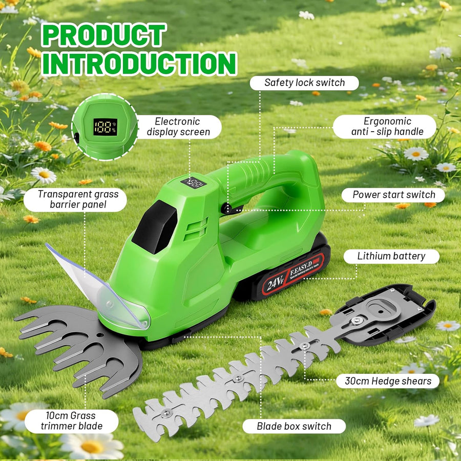 Sécateur à gazon et à arbustes sans fil 2 en 1 21 V avec tondeuse à arbustes de 19 cm, lame à gazon 10 cm, 25 000 tr/min, 2 batteries 1,5 Ah, chargeur, autonomie env. 60 min, pour jardin et pelouse