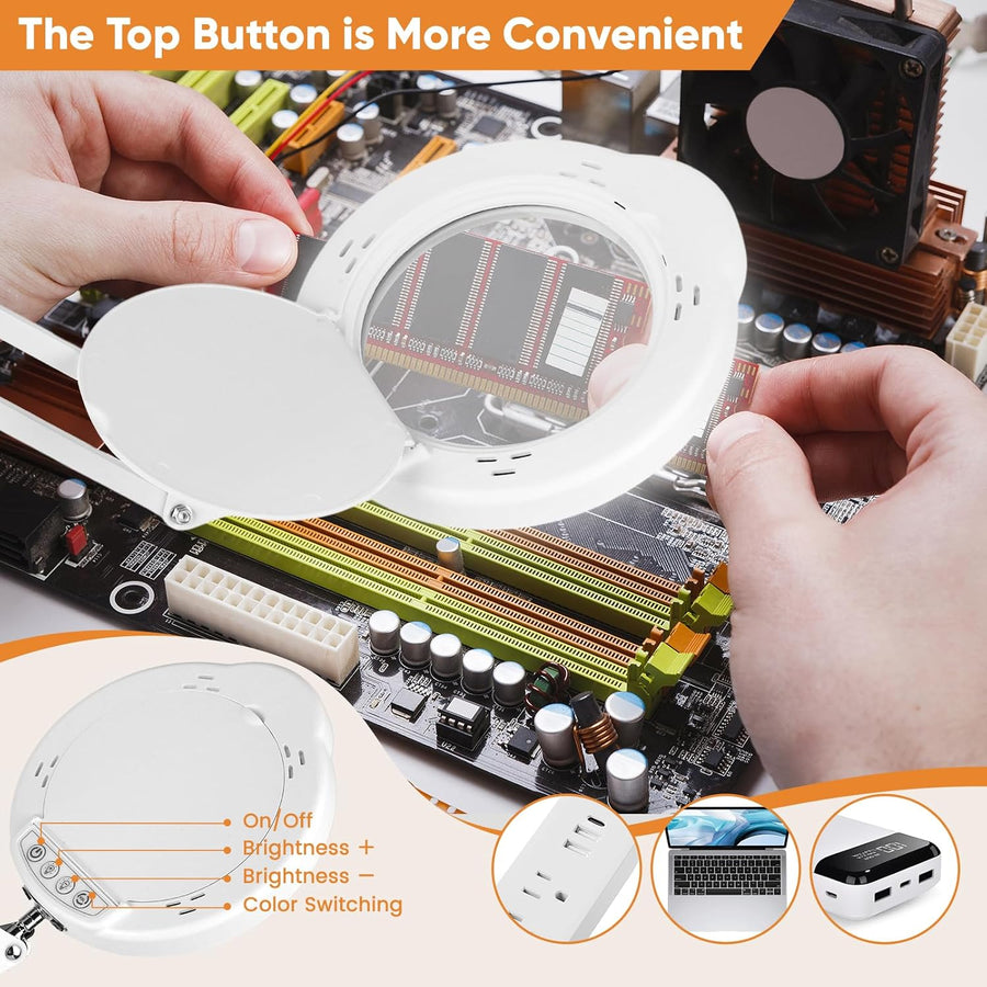 Lampe Loupe 15X, 2-in-1 Lampe de Bureau Loupe Eclairante avec Base et Pince, 5 Modes de Couleur, Gradation en continu, Lampe Loupe LED avec Rotation à 360° Bras Pivotant