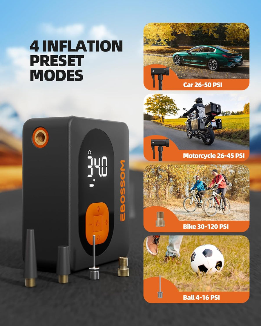 Gonfleur pneus Voiture, Compresseur à Air Portatif , Mini Compresseur Voiture Portable Electrique pompe a velo, Inflator Affichage Numérique et Lumière LED Vélos Motos Ballons Flexible de 15 cm