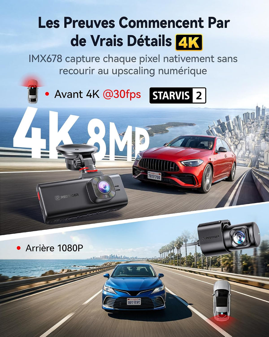REDTIGER Starvis 2 IMX678 Caméra embarquée 4K avant et arrière 8 MP UHD Carte gratuite de 128 Go, Wi-Fi 5,8 GHz (20 Mo/s), GPS et commande vocale, vision nocturne HDR, surveillance du stationnement
